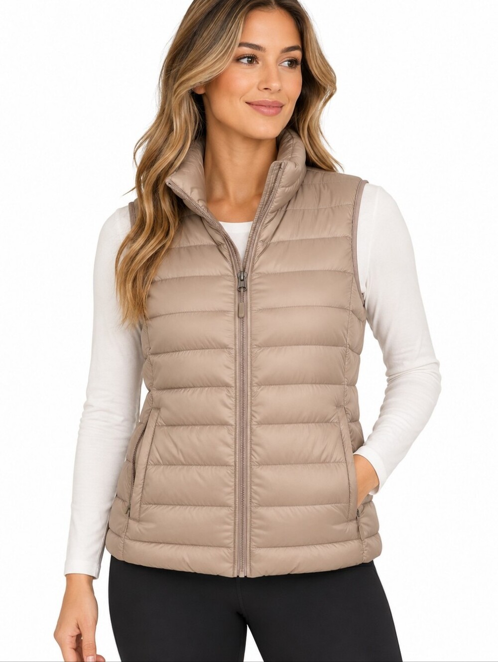 32 Degrees Heat Women’s Puffer Vest Medium Taupe Beige Packable Lightweight